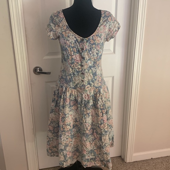 Vtg 80s 90s Alison J pastel button up front floral calico boho v waist dress S-m - Picture 2 of 5